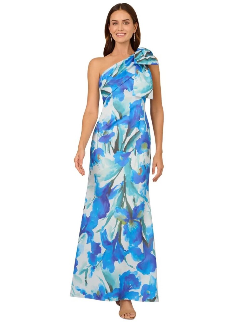 Adrianna Papell Blue Multi Floral One Shoulder Bow Scuba Gown